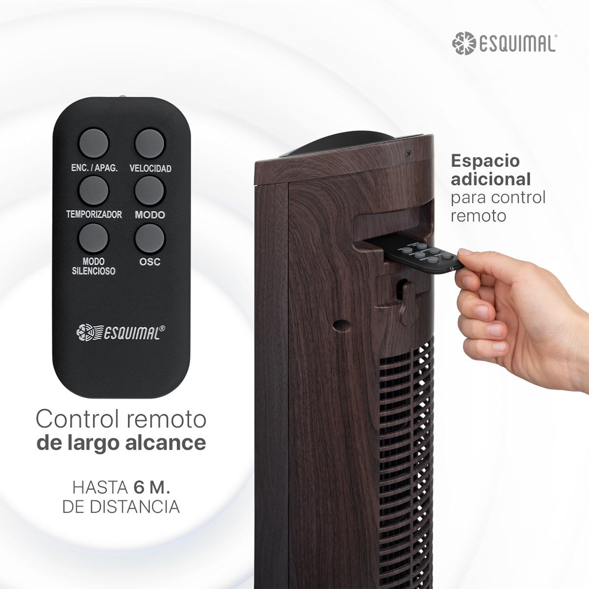 Ventilador de Torre 95 cm Giratorio Silencioso Abanico Portátil Oscilante 70° para Piso con Control Remoto Café ESQUIMAL