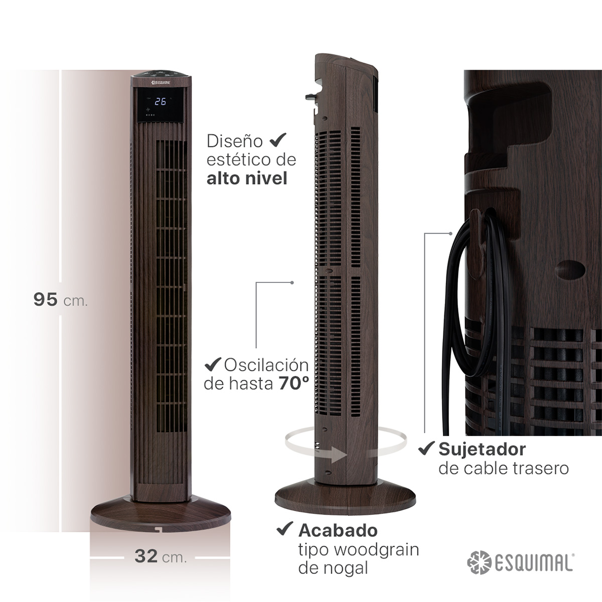 Ventilador de Torre 95 cm Giratorio Silencioso Abanico Portátil Oscilante 70° para Piso con Control Remoto Café ESQUIMAL