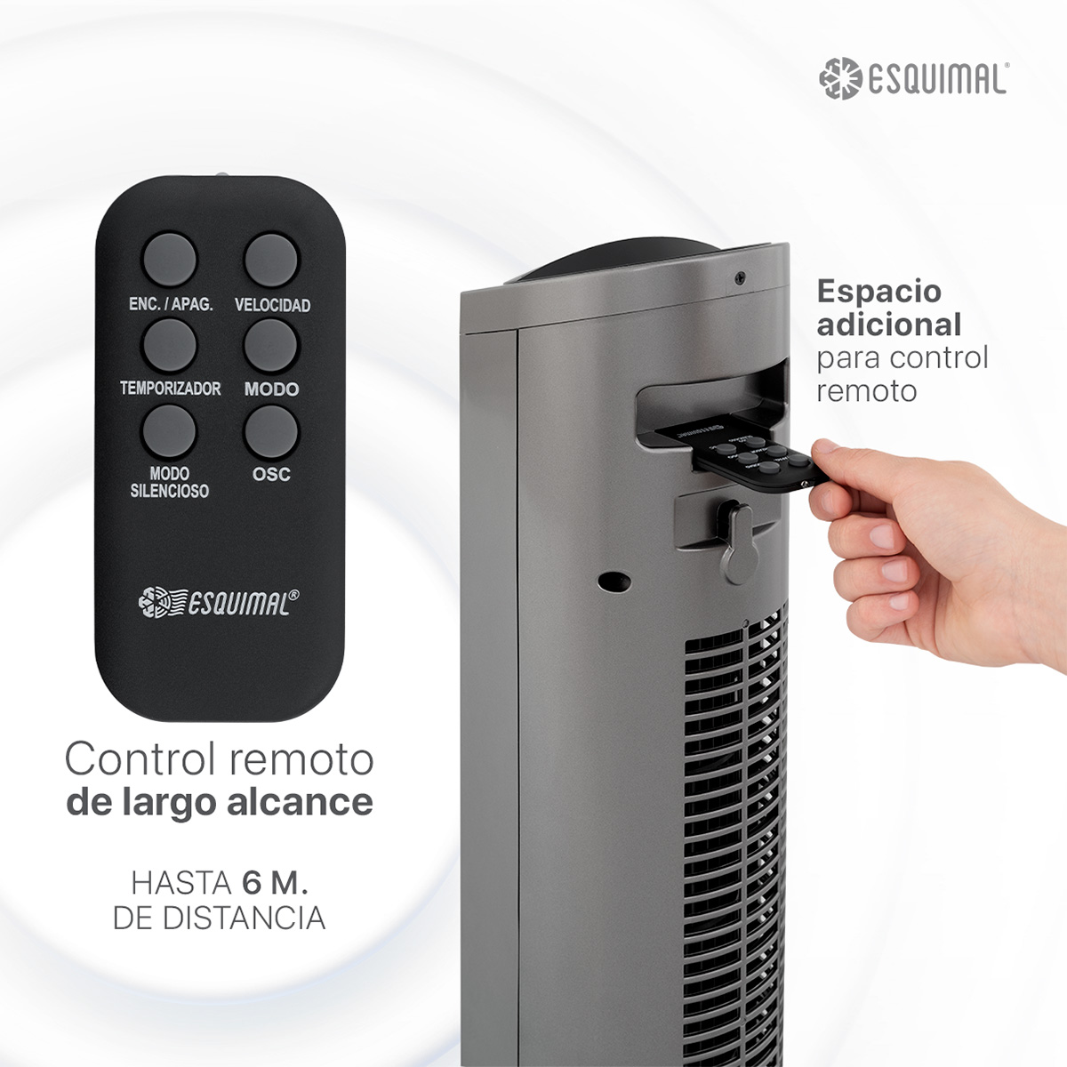Ventilador de Torre 95 cm Silencioso Abanico Portátil Giratorio para Piso con Temporizador y Control Titanio ESQUIMAL