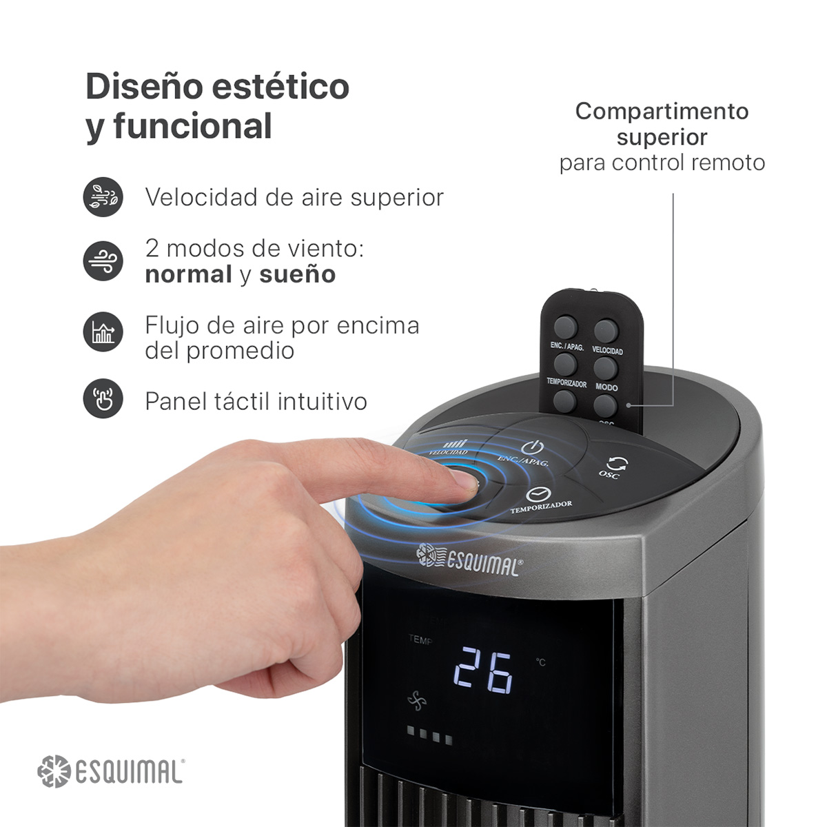 Ventilador de Torre 95 cm Silencioso Abanico Portátil Giratorio para Piso con Temporizador y Control Titanio ESQUIMAL