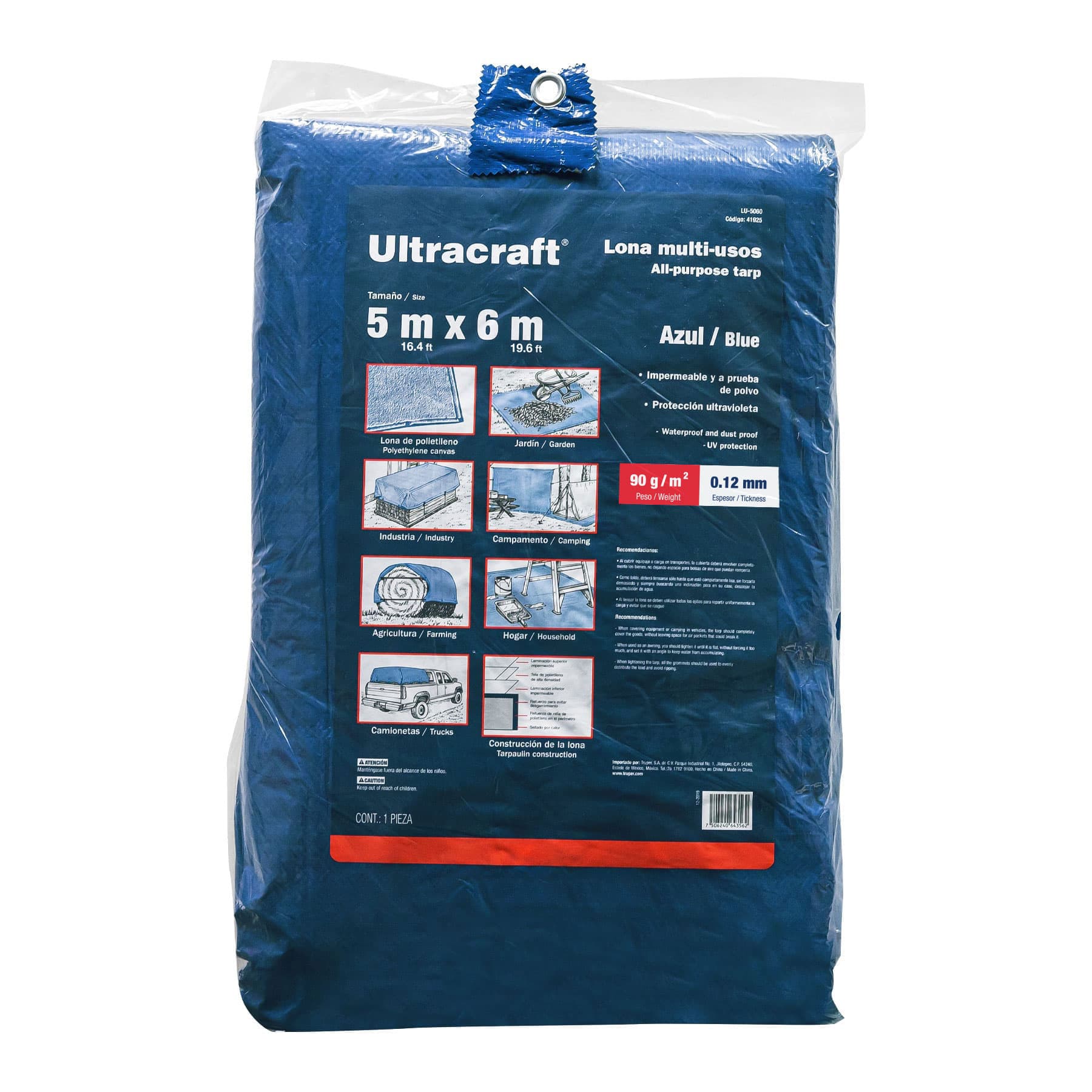 Lona Carpa Impermeable Azul 5 X 6 Mt Ultra Multi Usos Lluvia-Calor Proteccion 