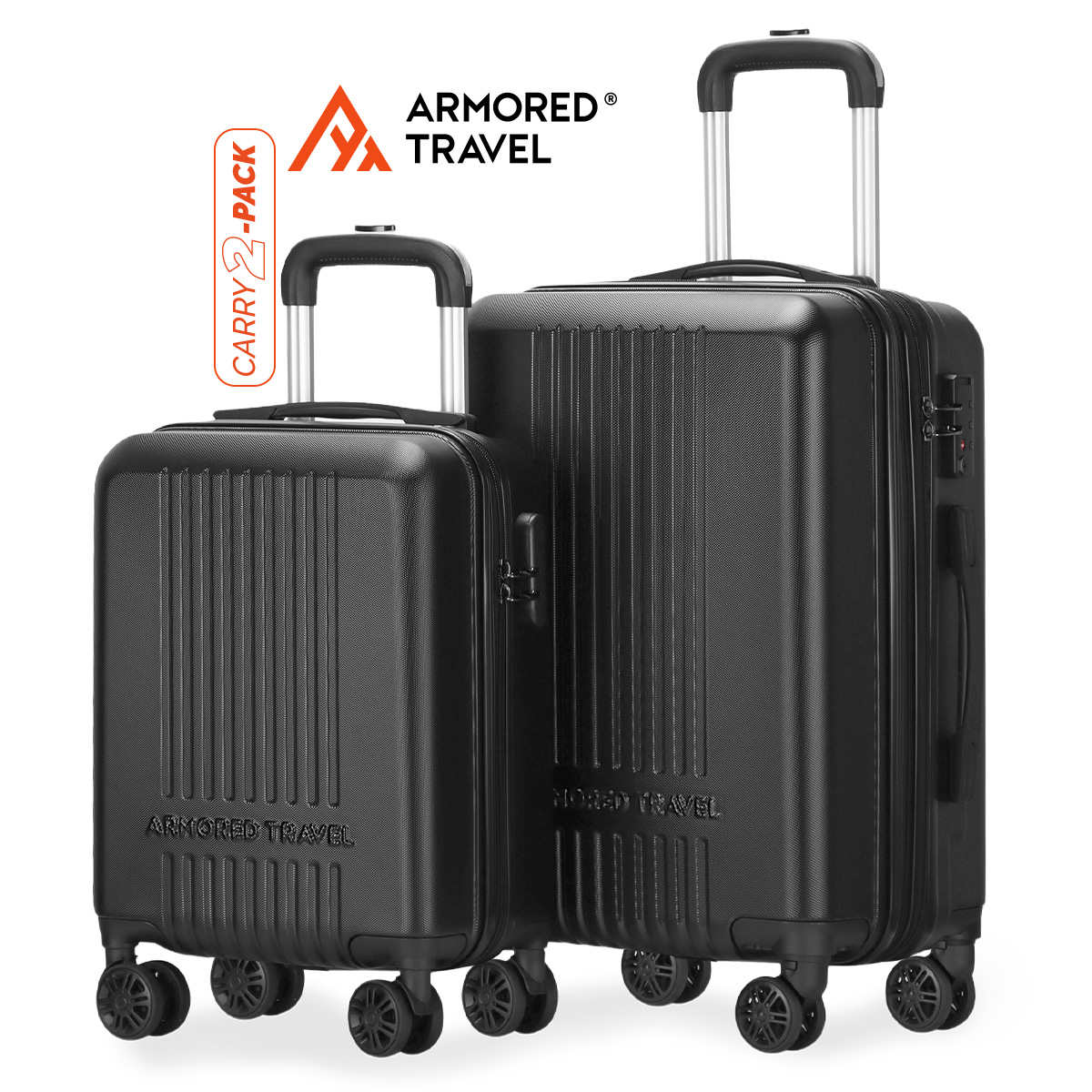 Maletas de viaje carry-on de mano cabina 10kg Rígida Negro 2 pack 20” + 16” ABS doble calibre llantas desmontables candado TSA LOCK Armored travel
