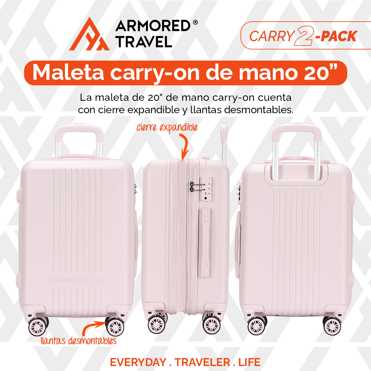 Maletas de viaje carry-on de mano cabina 10kg Rosa  Rígida 2 pack 20” + 16” ABS doble calibre llantas desmontables candado TSA LOCK Armored travel