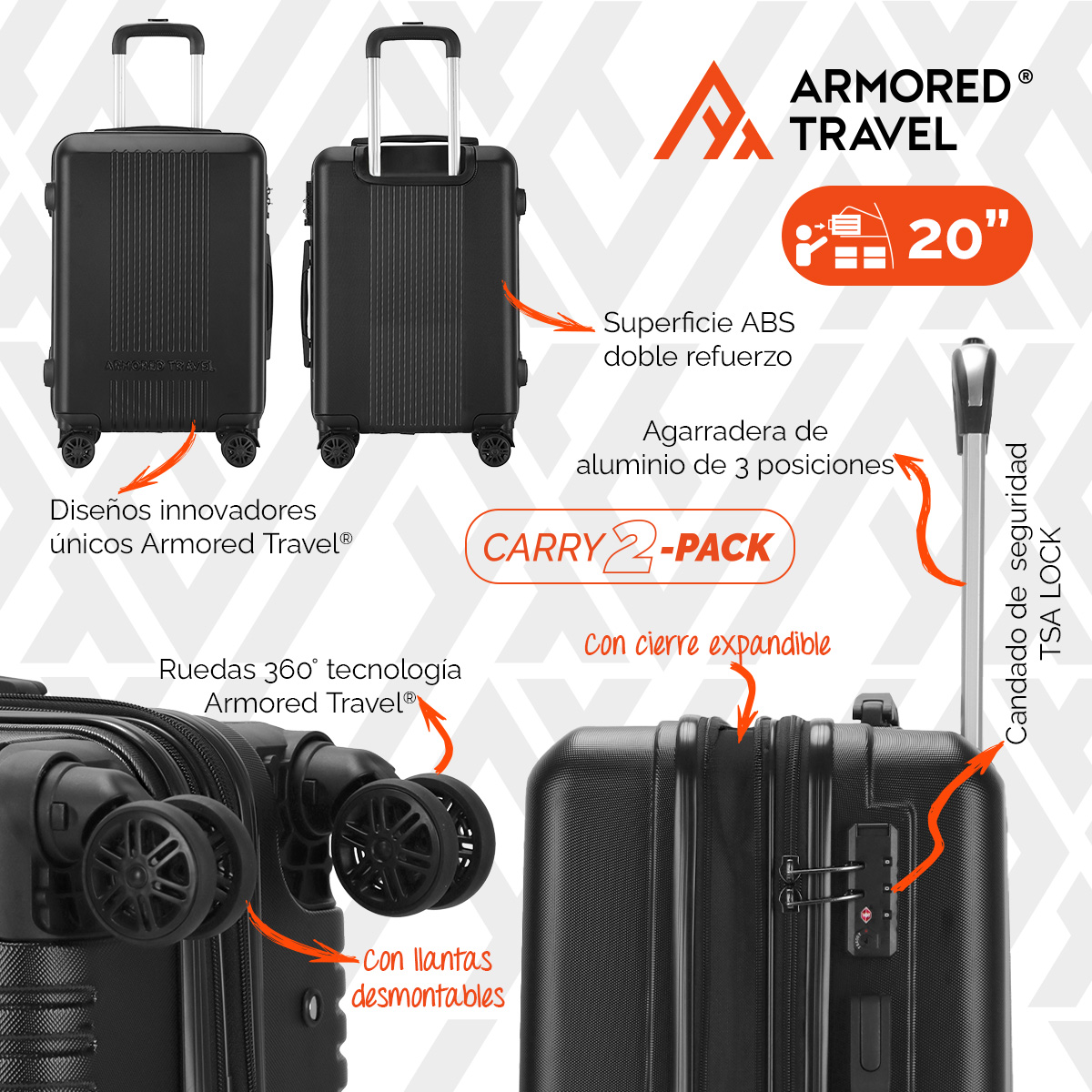 Maletas de viaje carry-on de mano cabina 10kg Rígida Negro 2 pack 20” + 16” ABS doble calibre llantas desmontables candado TSA LOCK Armored travel