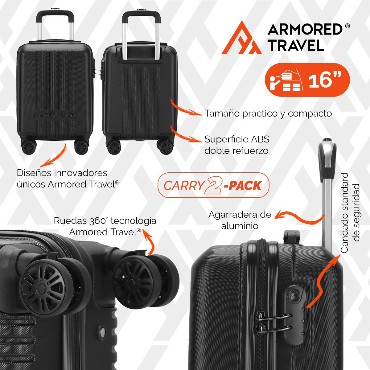 Maletas de viaje carry-on de mano cabina 10kg Rígida Negro 2 pack 20” + 16” ABS doble calibre llantas desmontables candado TSA LOCK Armored travel