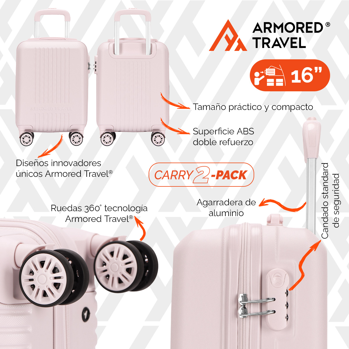Maletas de viaje carry-on de mano cabina 10kg Rosa  Rígida 2 pack 20” + 16” ABS doble calibre llantas desmontables candado TSA LOCK Armored travel
