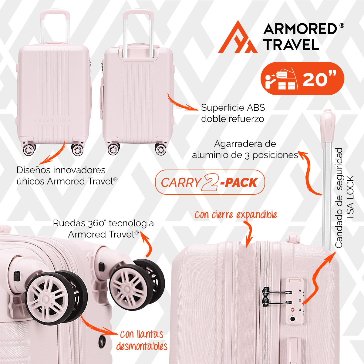 Maletas de viaje carry-on de mano cabina 10kg Rosa  Rígida 2 pack 20” + 16” ABS doble calibre llantas desmontables candado TSA LOCK Armored travel