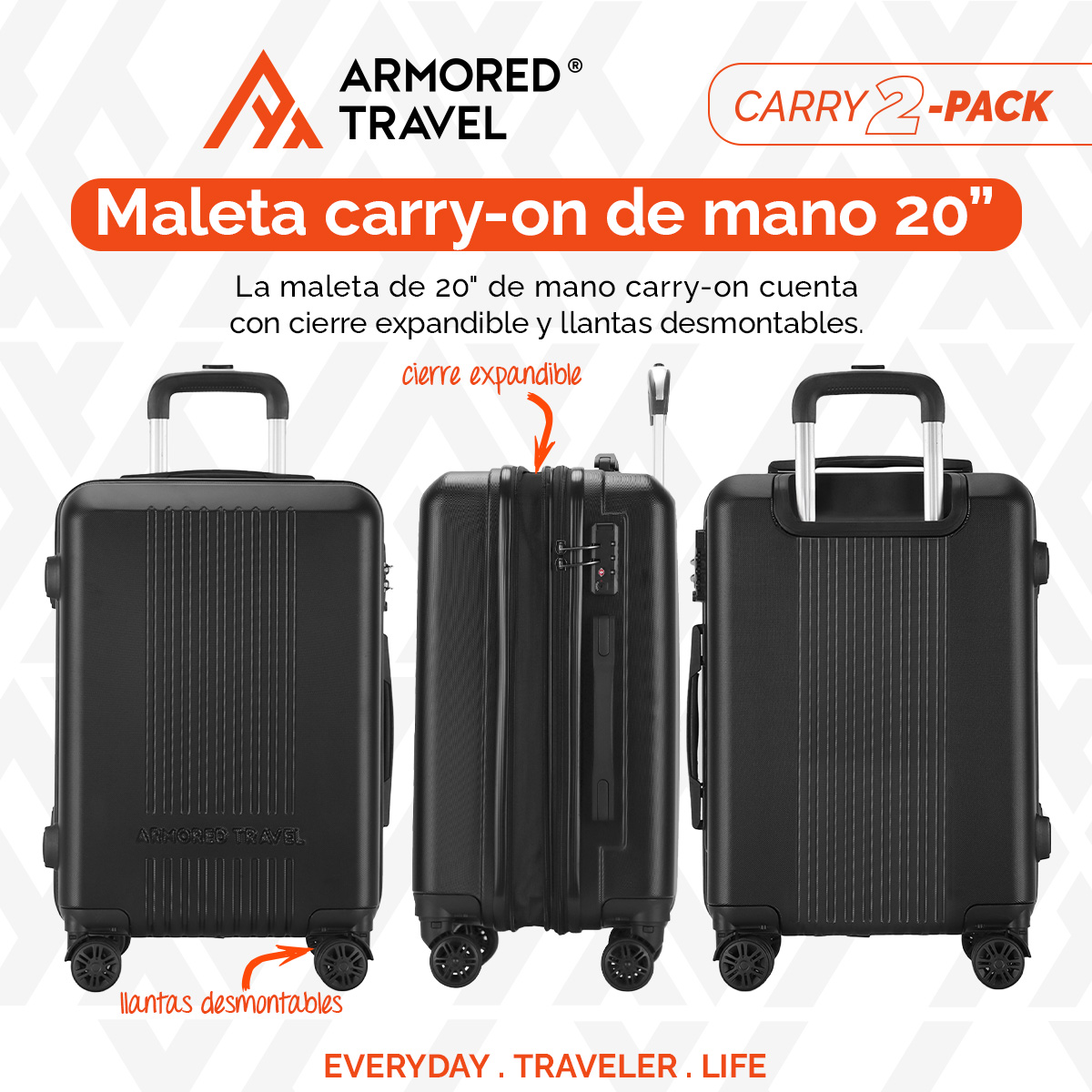 Maletas de viaje carry-on de mano cabina 10kg Rígida Negro 2 pack 20” + 16” ABS doble calibre llantas desmontables candado TSA LOCK Armored travel