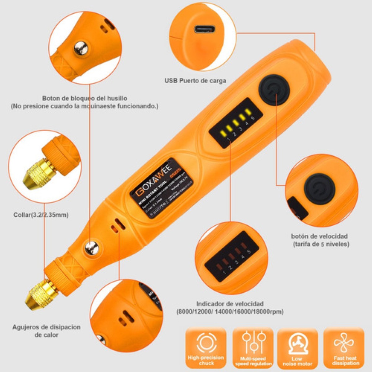 "Mini Mototool Taladro Pulido Goxawee Accesorios naranja "
