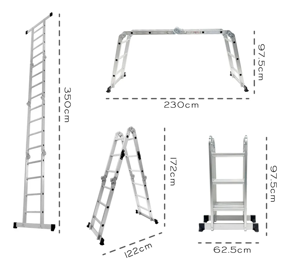 Escalera Multiposiciones Plegable 3.5 metros 12 Peldaños Tipo Tijera 8 En 1 Andamio de Aluminio Plata Nube
