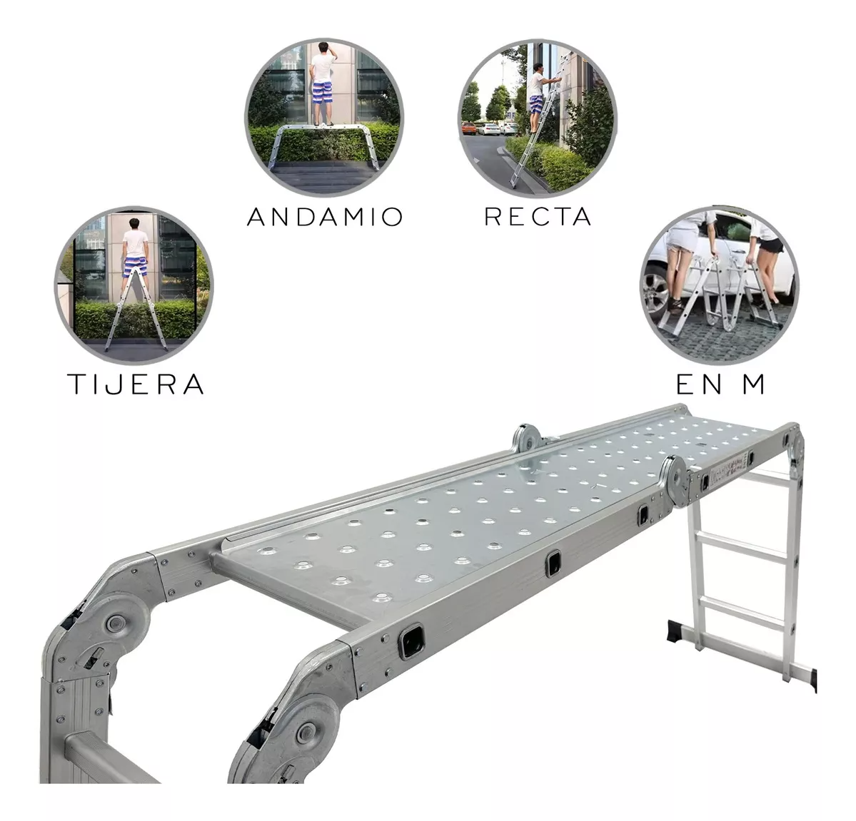Escalera Multiposiciones Plegable 3.5 metros 12 Peldaños Tipo Tijera 8 En 1 Andamio de Aluminio Plata Nube