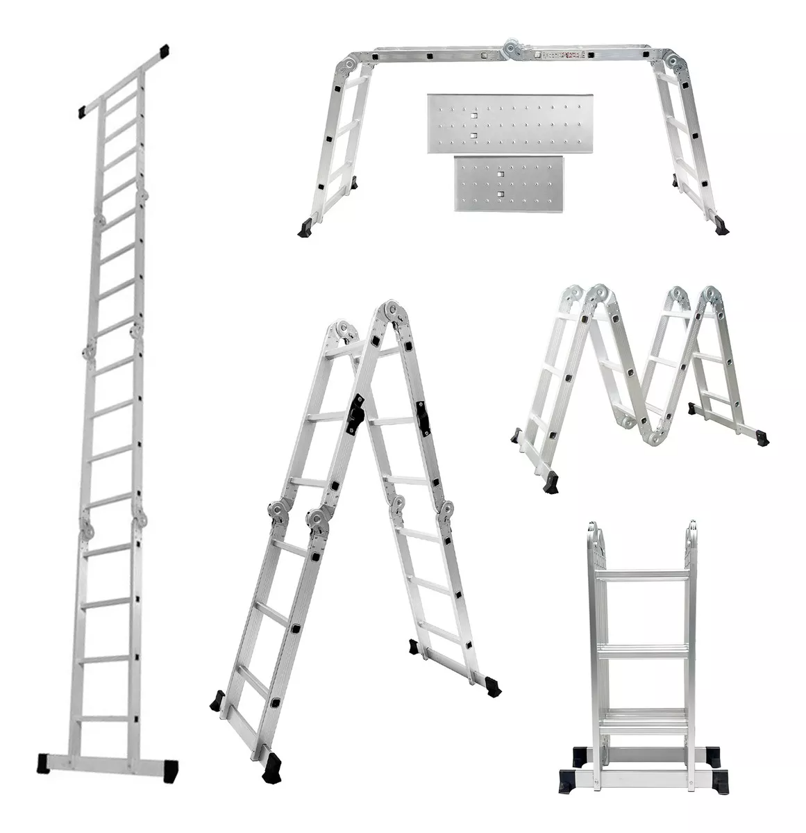 Escalera Multiposiciones Plegable 3.5 metros 12 Peldaños Tipo Tijera 8 En 1 Andamio de Aluminio Plata Nube
