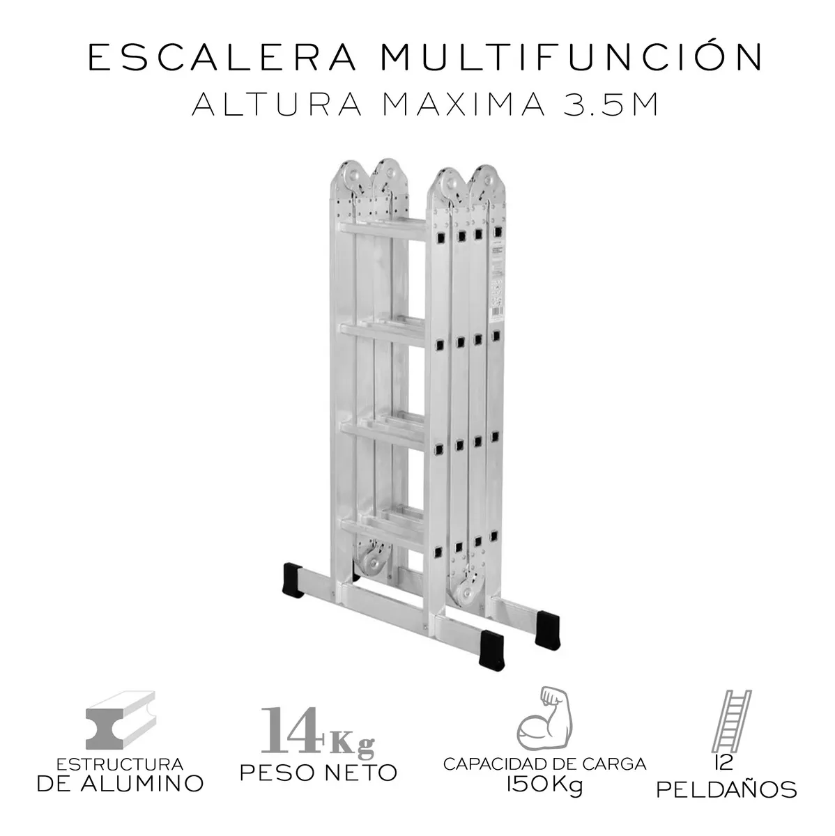 Escalera Multiposiciones Plegable 3.5 metros 12 Peldaños Tipo Tijera 8 En 1 Andamio de Aluminio Plata Nube