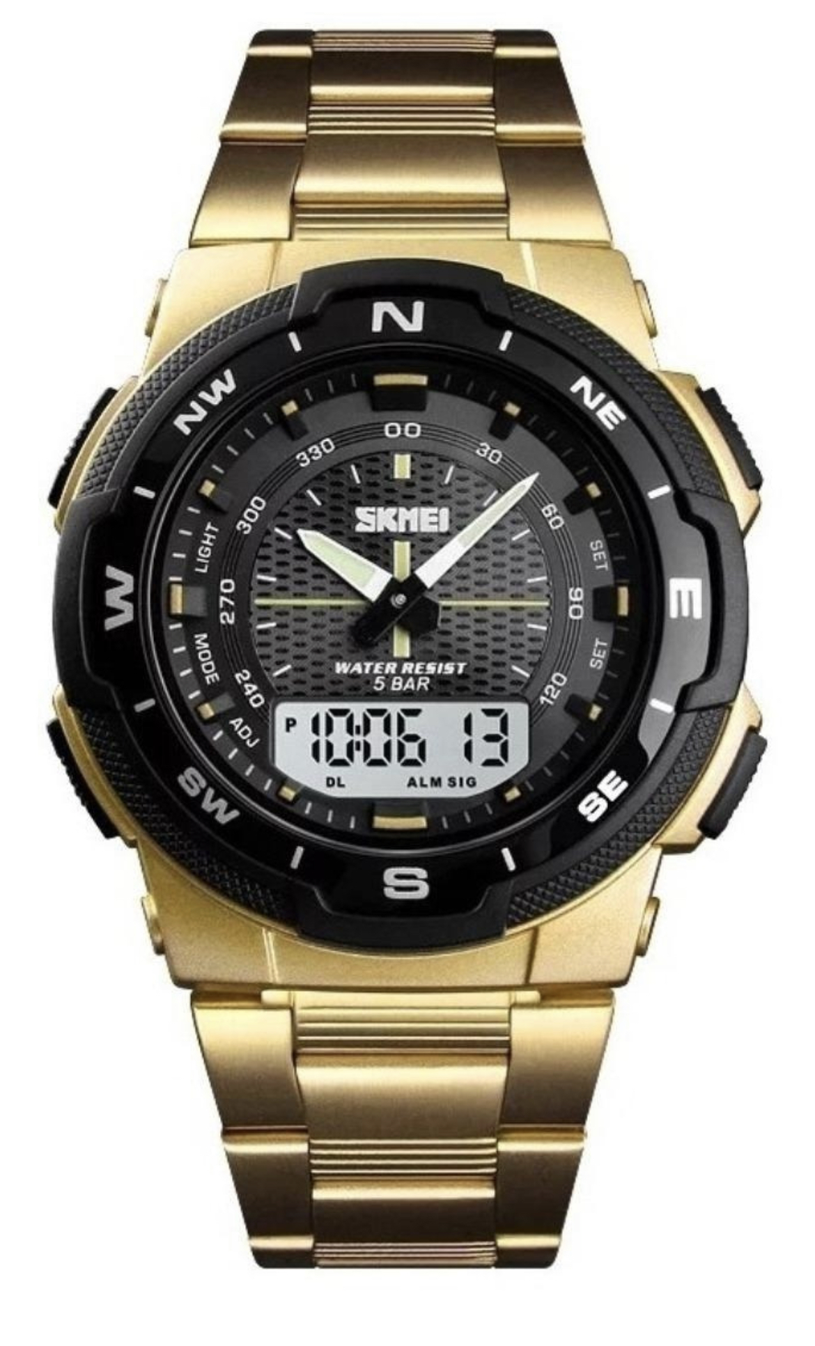 Reloj pulsera Skmei 1370 con correa de acero inoxidable color dorado - fondo negro/gris - bisel 