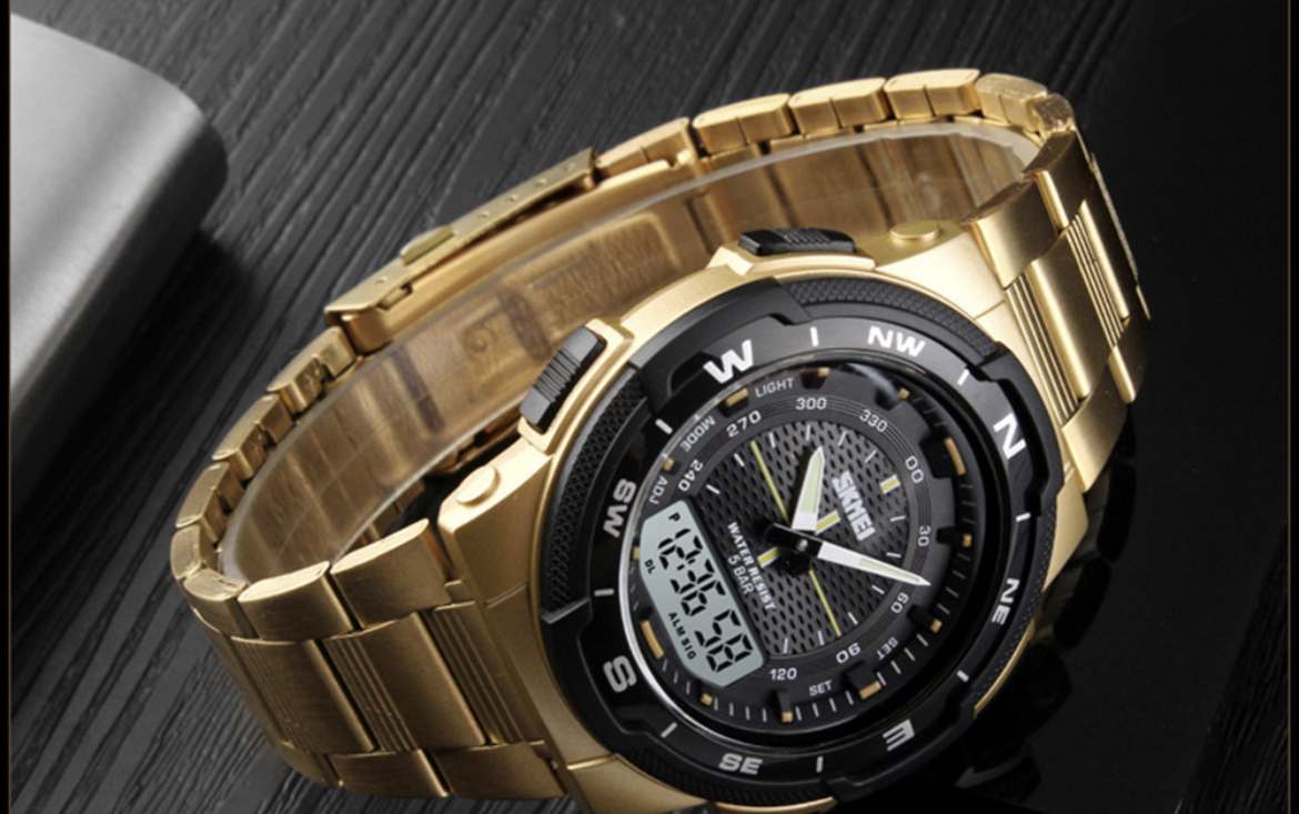 Reloj pulsera Skmei 1370 con correa de acero inoxidable color dorado - fondo negro/gris - bisel 