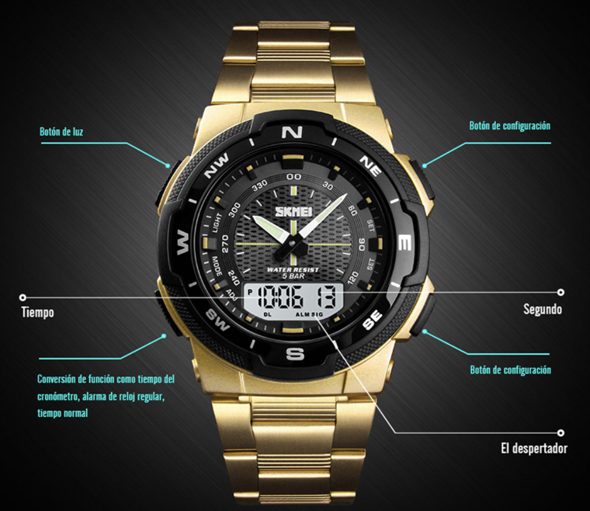 Reloj pulsera Skmei 1370 con correa de acero inoxidable color dorado - fondo negro/gris - bisel 