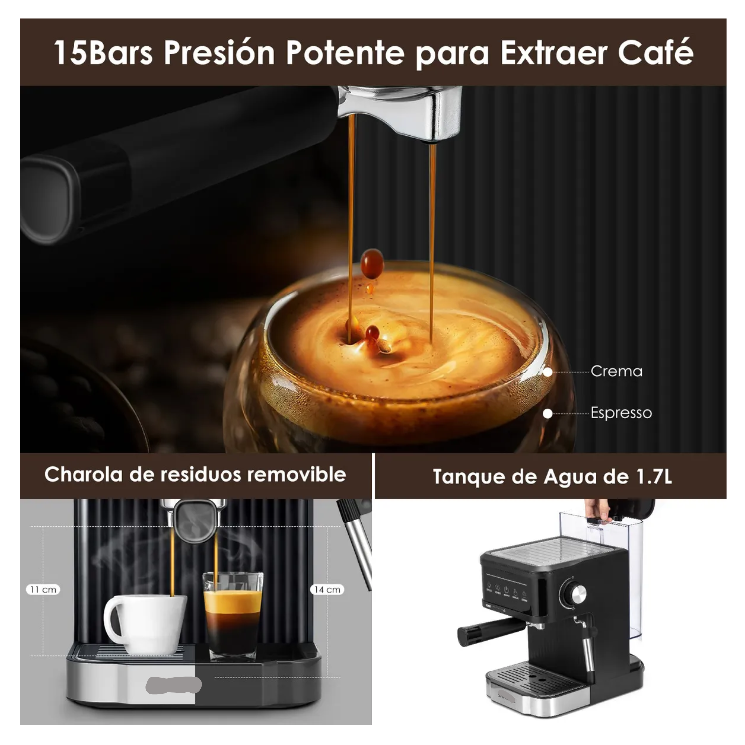 Cafetera Espresso 15 Bares con Espumador, para Café Molido, Latte y Capuchino – Hogar Barista