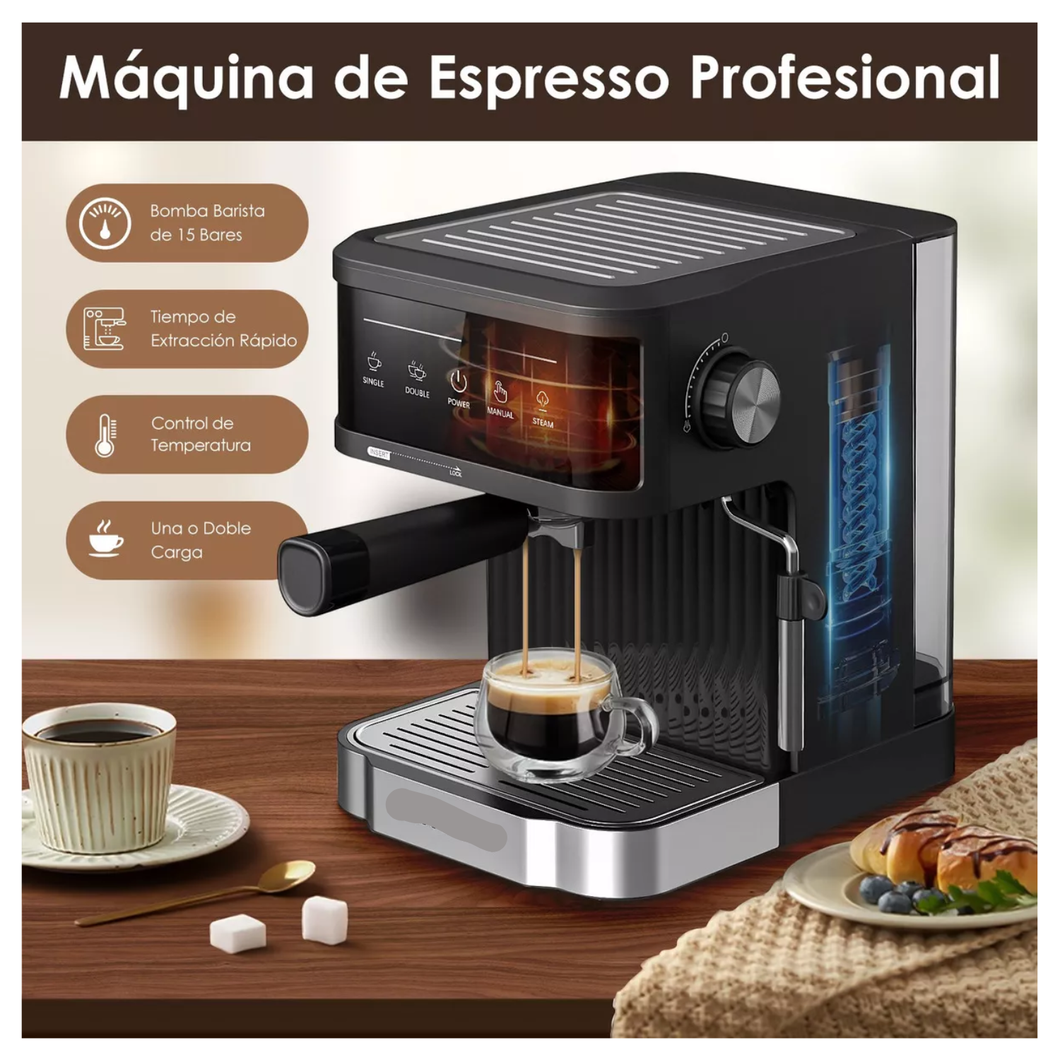 Cafetera Espresso 15 Bares con Espumador, para Café Molido, Latte y Capuchino – Hogar Barista