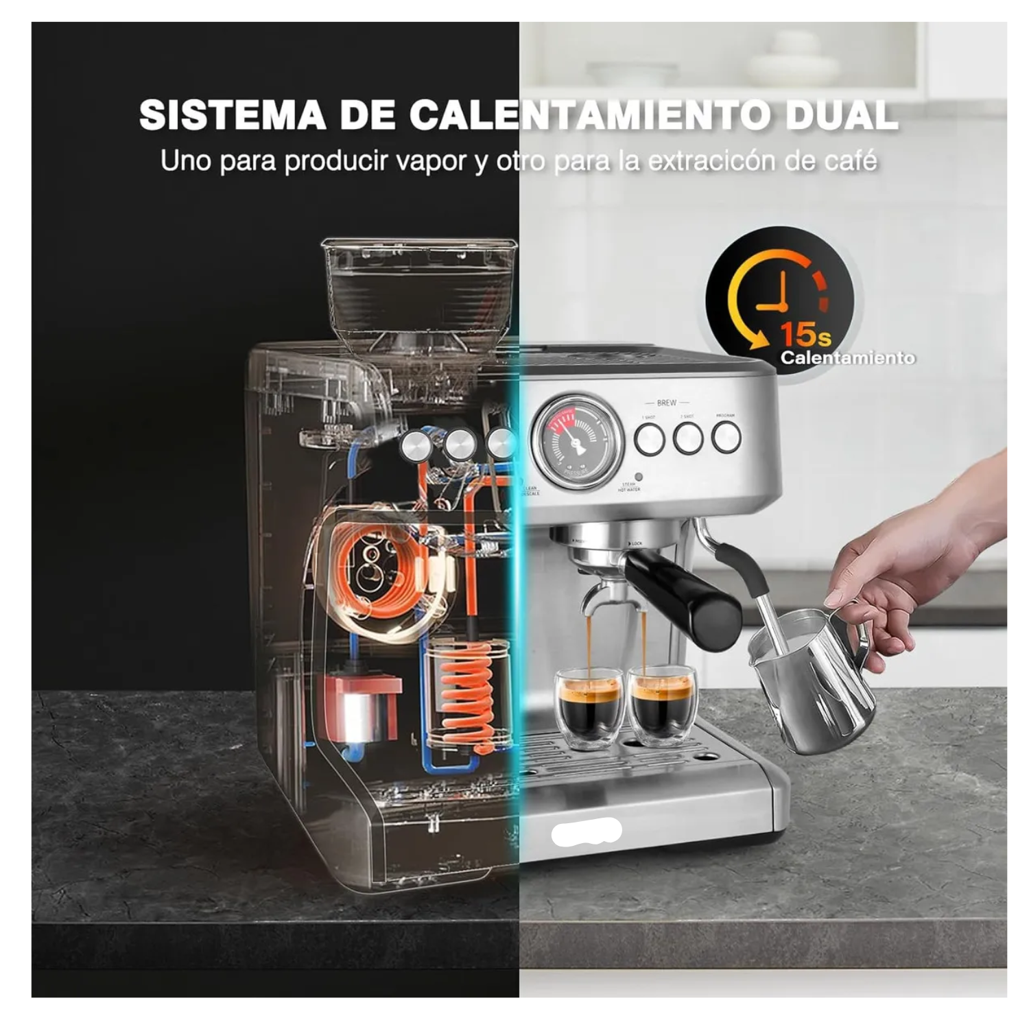 Cafetera Espresso 20 Bares con Molino y Espumador, 1500W, Sistema Dual de Calentamiento