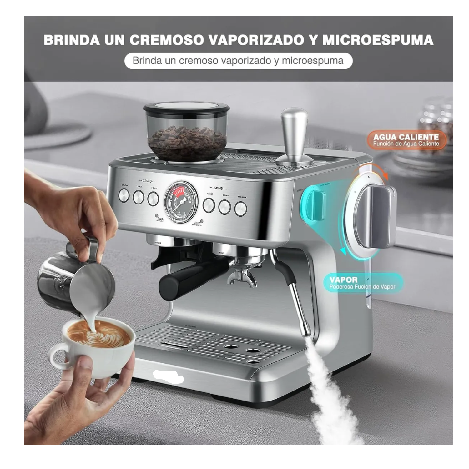 Cafetera Espresso 20 Bares con Molino y Espumador, 1500W, Sistema Dual de Calentamiento