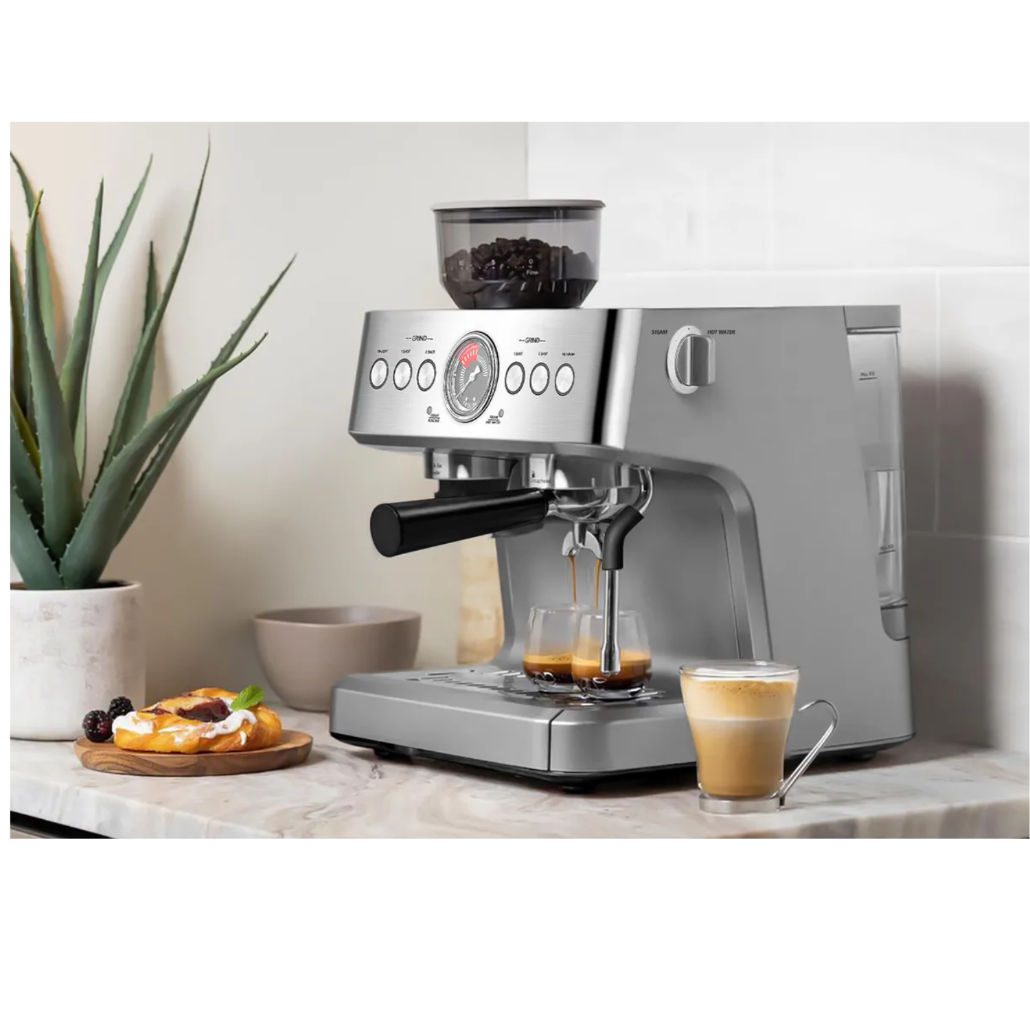Cafetera Espresso 20 Bares con Molino y Espumador, 1500W, Sistema Dual de Calentamiento