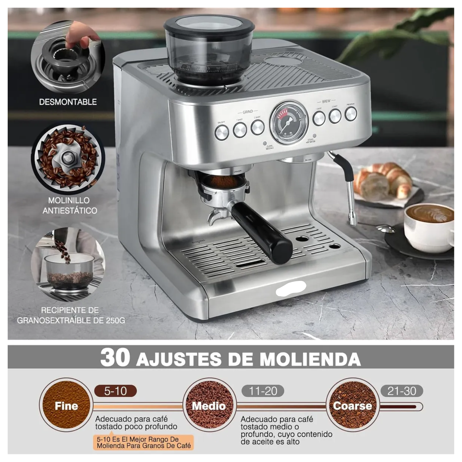 Cafetera Espresso 20 Bares con Molino y Espumador, 1500W, Sistema Dual de Calentamiento