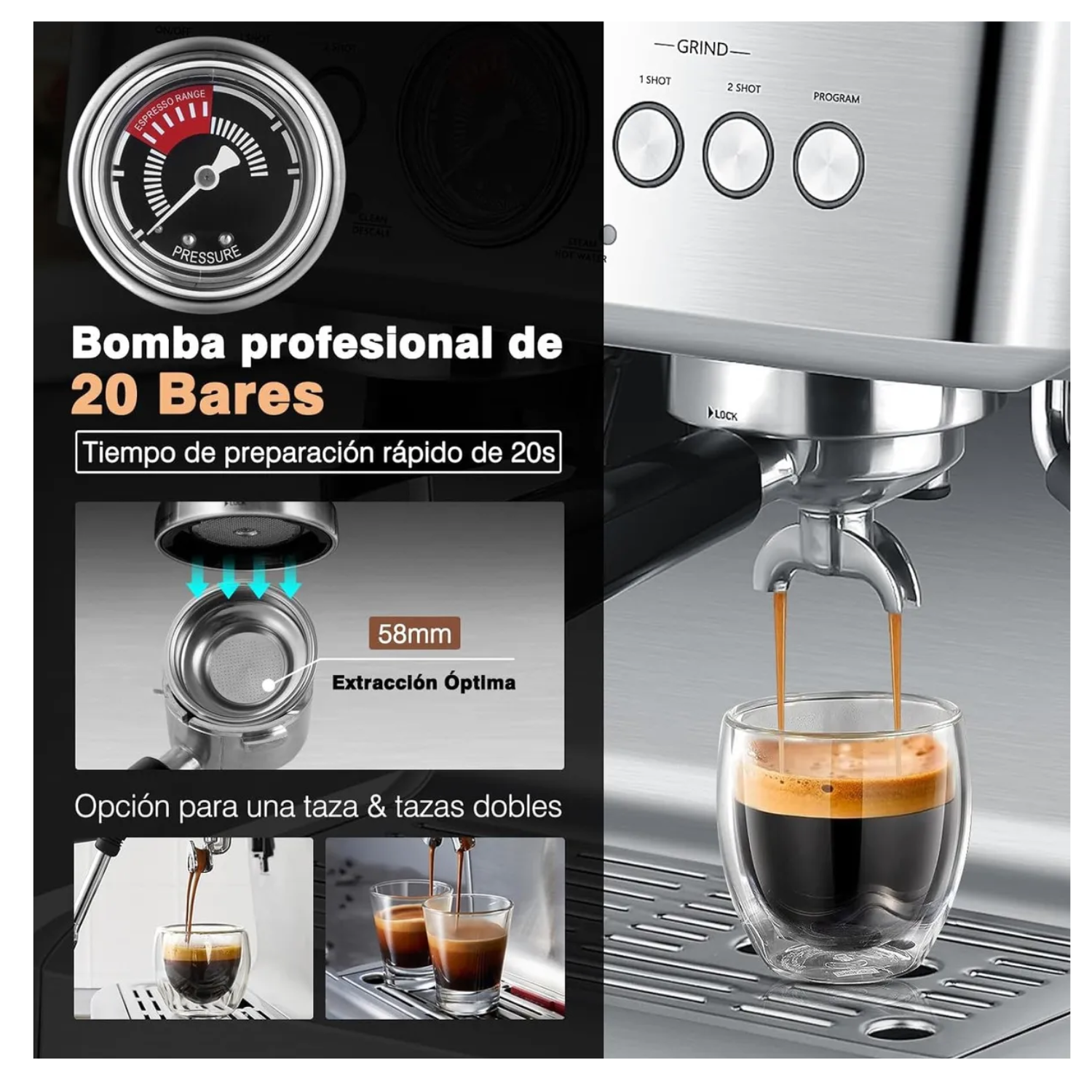 Cafetera Espresso 20 Bares con Molino y Espumador, 1500W, Sistema Dual de Calentamiento