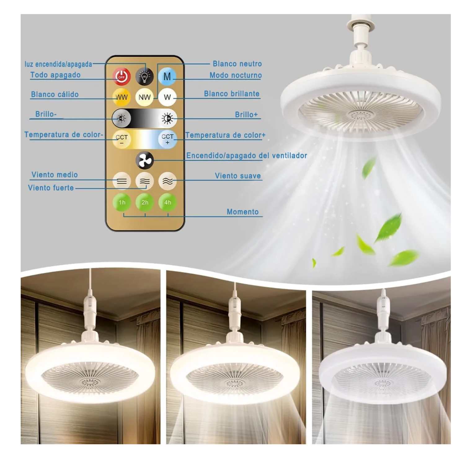 Lámpara De Ventilador Multifunción Foco Led De 30 W E27/e26 Estructura Blanco