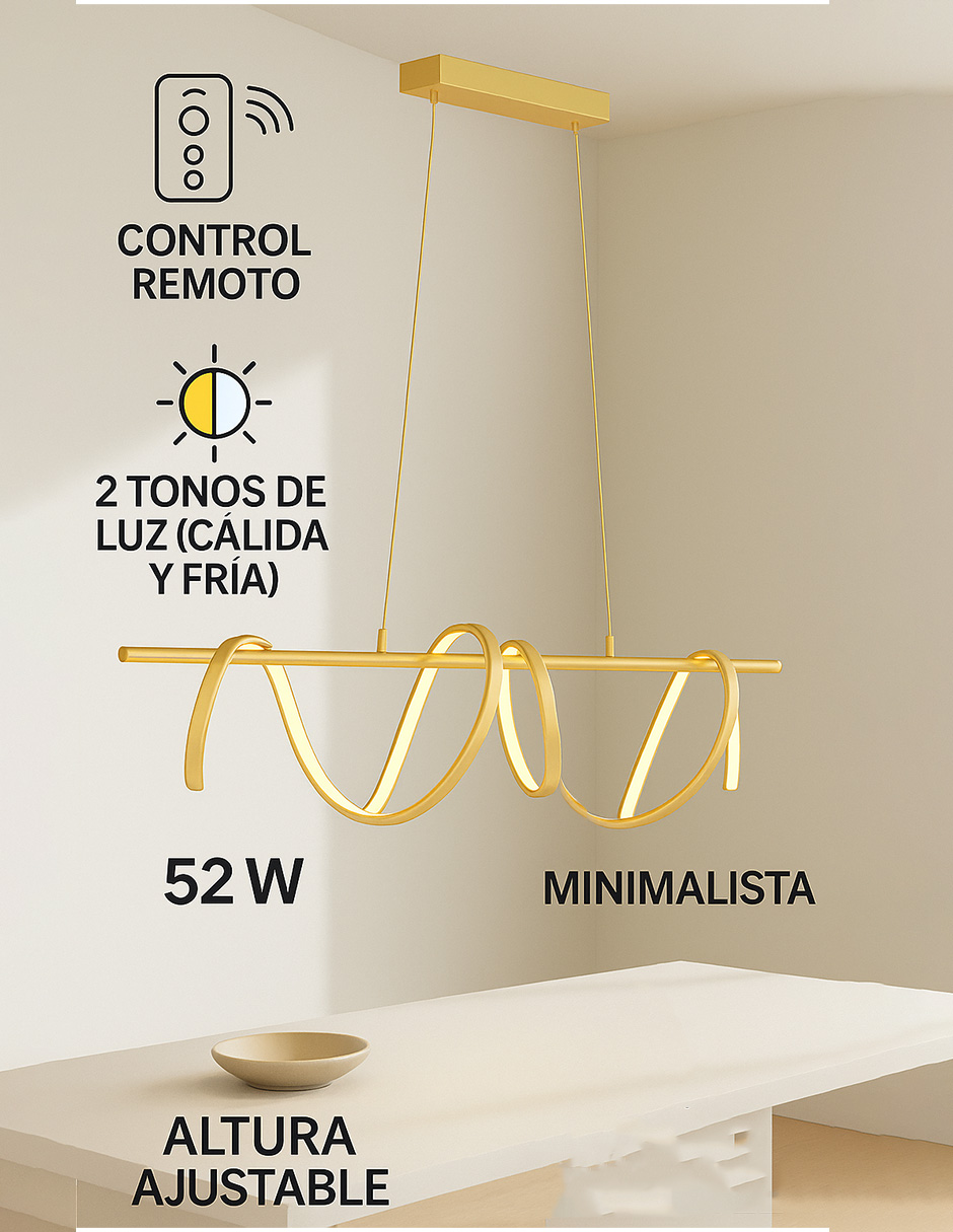 LÁMPARA COLGANTE DECORATIVA PARA COMEDOR DE ALUMINIO Y SILICONA, ACABADO DORADO, CON CONTROL REMOTO – 1 UNIDAD