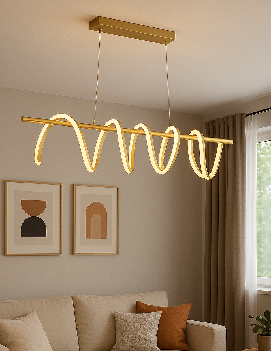 LÁMPARA COLGANTE DECORATIVA PARA COMEDOR DE ALUMINIO Y SILICONA, ACABADO DORADO, CON CONTROL REMOTO – 1 UNIDAD