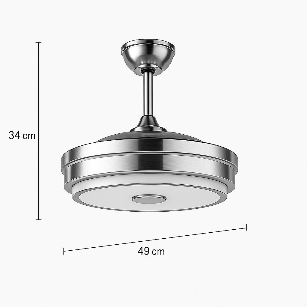 VENTILADOR DE TECHO 4 ASPAS INVISIBLES CON BOCINA Y CONTROL REMOTO LUZ LED NEGRO 49CM X 34CM INCLUYE 1 UNIDAD