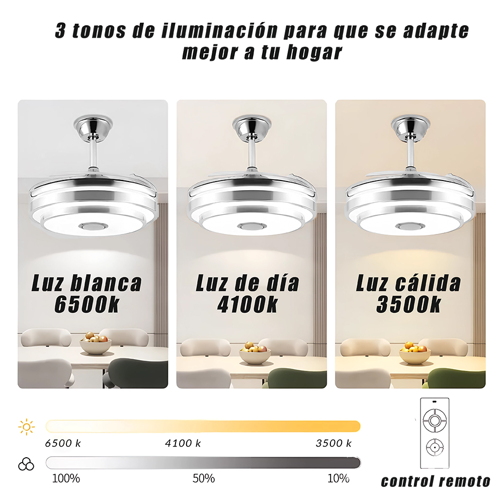 VENTILADOR DE TECHO 4 ASPAS INVISIBLES CON BOCINA Y CONTROL REMOTO LUZ LED NEGRO 49CM X 34CM INCLUYE 1 UNIDAD