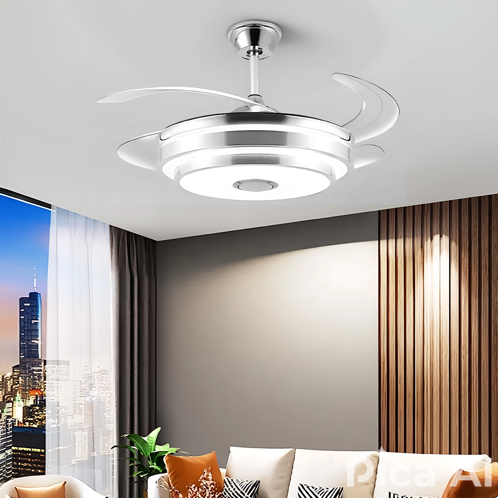 VENTILADOR DE TECHO 4 ASPAS INVISIBLES CON BOCINA Y CONTROL REMOTO LUZ LED NEGRO 49CM X 34CM INCLUYE 1 UNIDAD