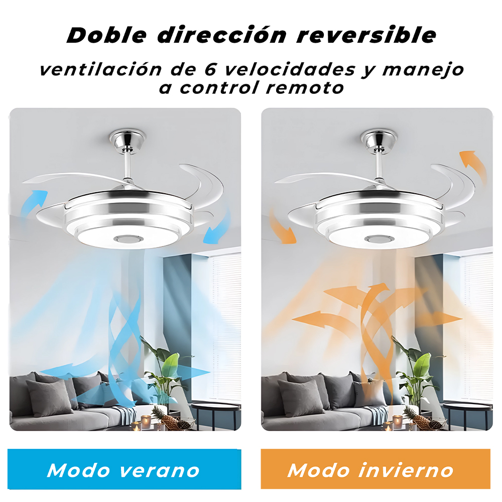 VENTILADOR DE TECHO 4 ASPAS INVISIBLES CON BOCINA Y CONTROL REMOTO LUZ LED NEGRO 49CM X 34CM INCLUYE 1 UNIDAD
