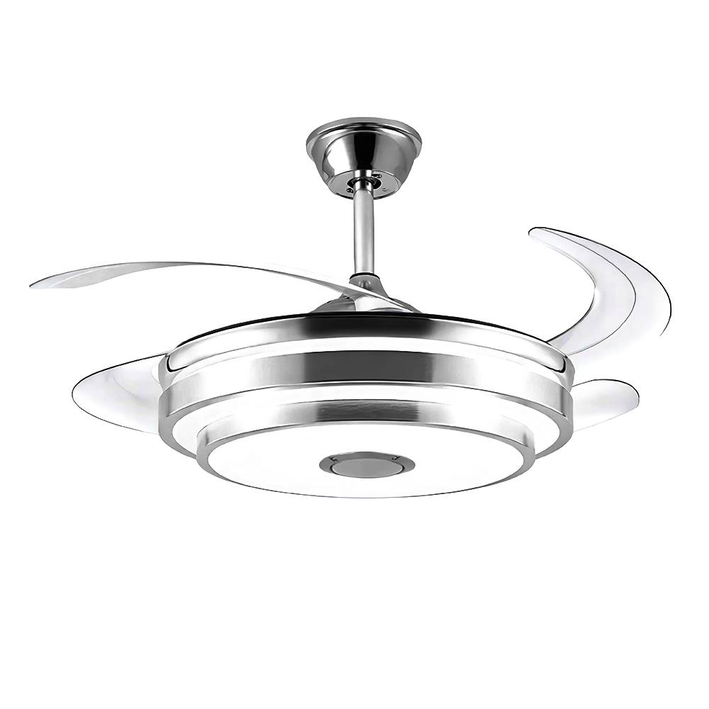 VENTILADOR DE TECHO 4 ASPAS INVISIBLES CON BOCINA Y CONTROL REMOTO LUZ LED NEGRO 49CM X 34CM INCLUYE 1 UNIDAD