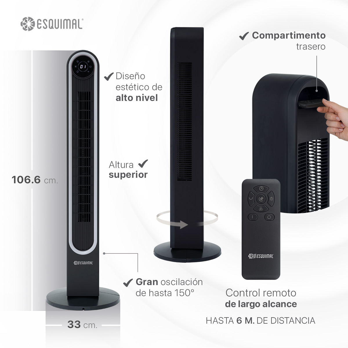 Ventilador de Torre 106cm con Luz LED Cálida Panel Táctil Abanico Giratorio Temporizador Control Remoto Negro ESQUIMAL