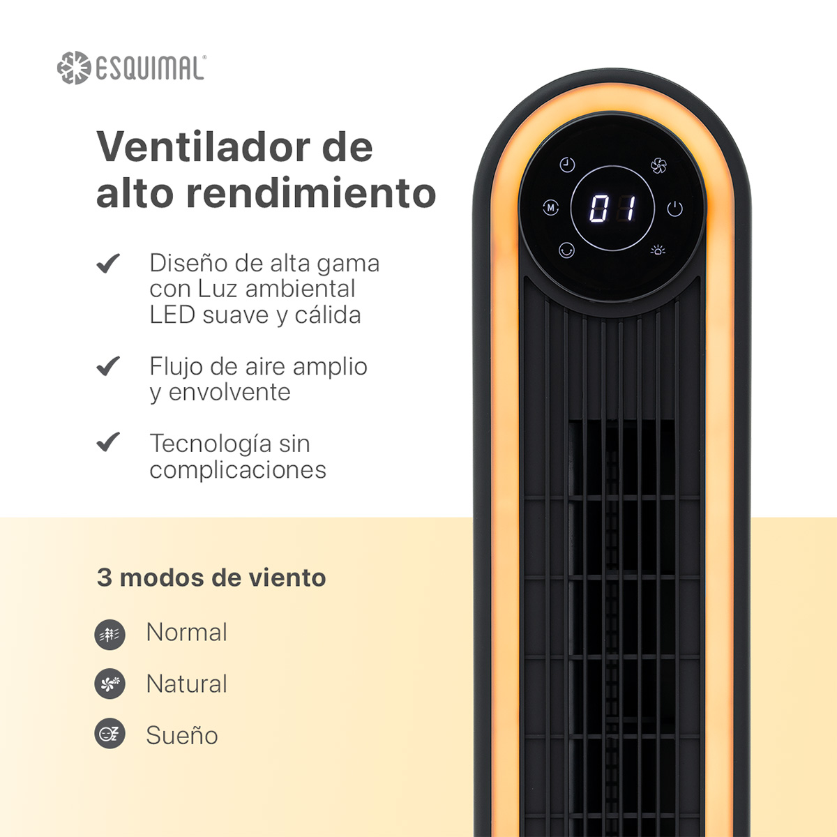 Ventilador de Torre 106cm con Luz LED Cálida Panel Táctil Abanico Giratorio Temporizador Control Remoto Negro ESQUIMAL