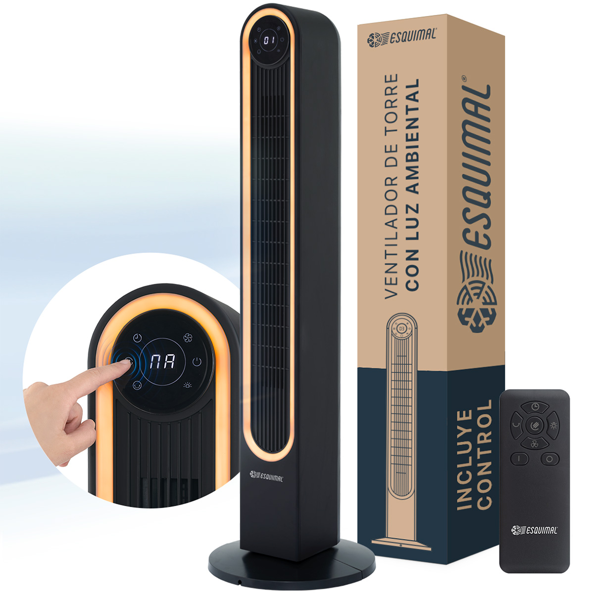Ventilador de Torre 106cm con Luz LED Cálida Panel Táctil Abanico Giratorio Temporizador Control Remoto Negro ESQUIMAL