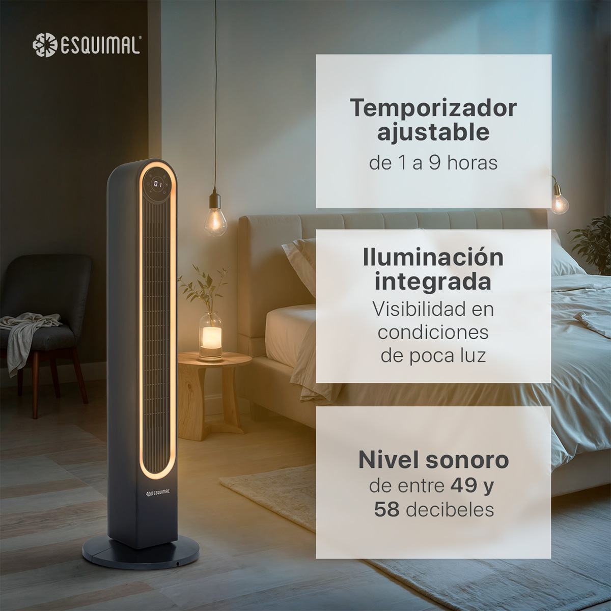 Ventilador de Torre 106cm con Luz LED Cálida Panel Táctil Abanico Giratorio Temporizador Control Remoto Negro ESQUIMAL