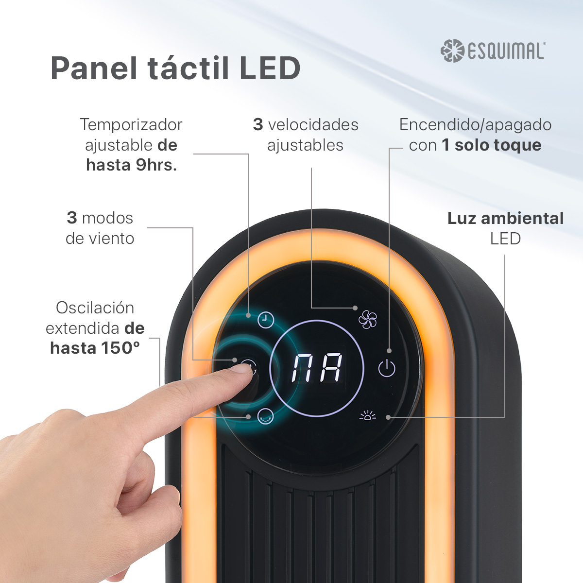 Ventilador de Torre 106cm con Luz LED Cálida Panel Táctil Abanico Giratorio Temporizador Control Remoto Negro ESQUIMAL