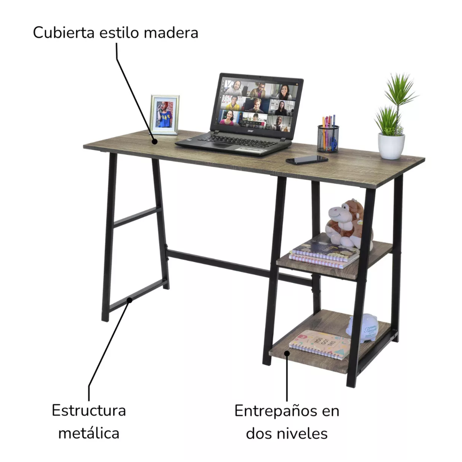 Escritorio Top Living para PC con Repisas Laterales, Minimalista Madera Marrón y Negro