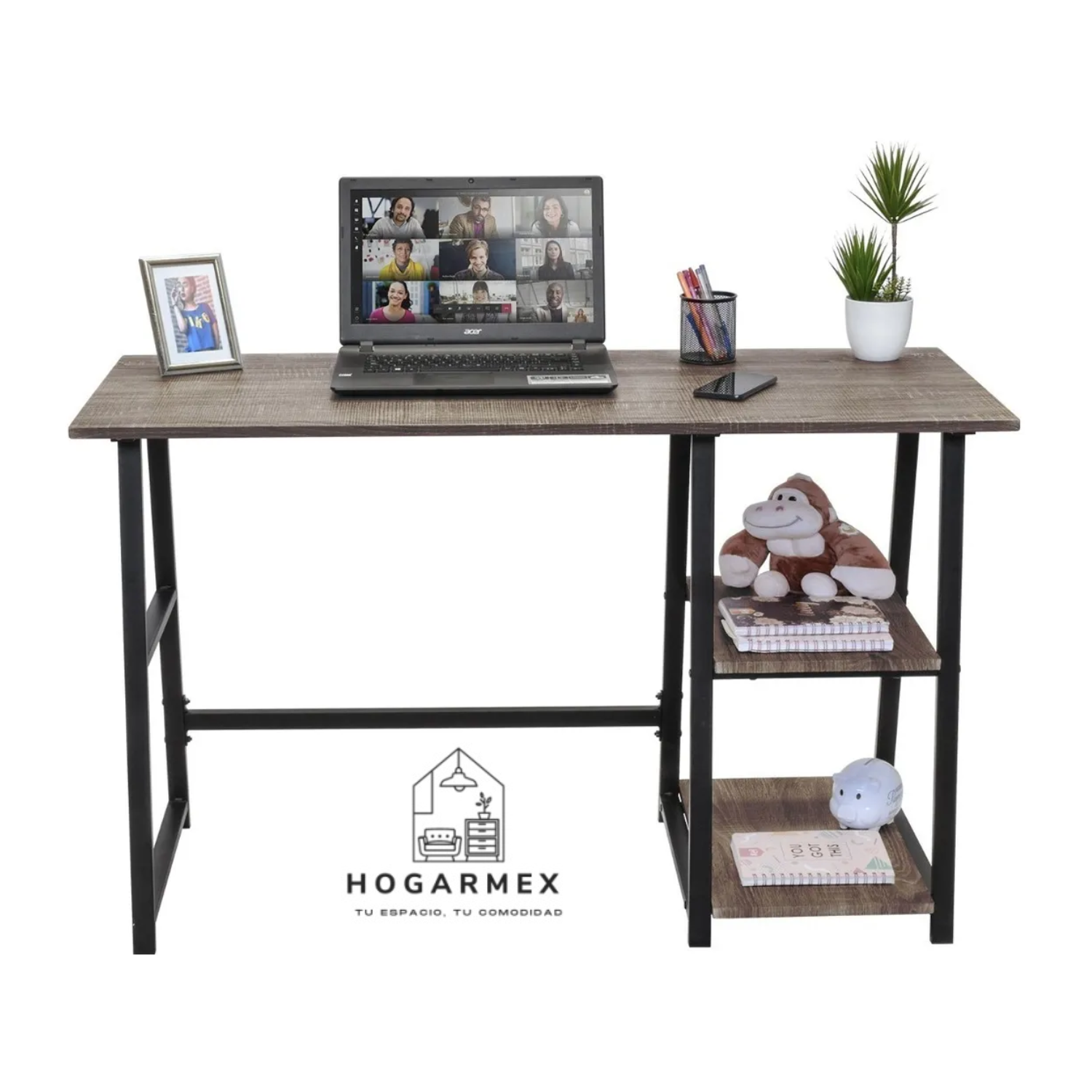 Escritorio Top Living para PC con Repisas Laterales, Minimalista Madera Marrón y Negro
