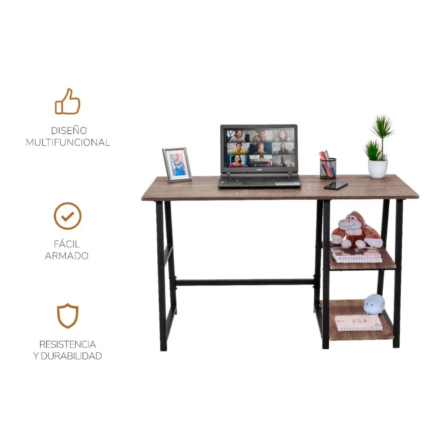 Escritorio Top Living para PC con Repisas Laterales, Minimalista Madera Marrón y Negro