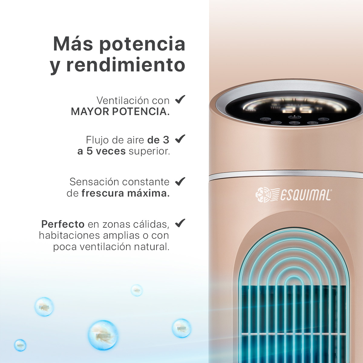 Ventilador de Torre 128 cm Ionizador Purificador con Caja de Aromas Panel con Temperatura Giratorio Cobre ESQUIMAL