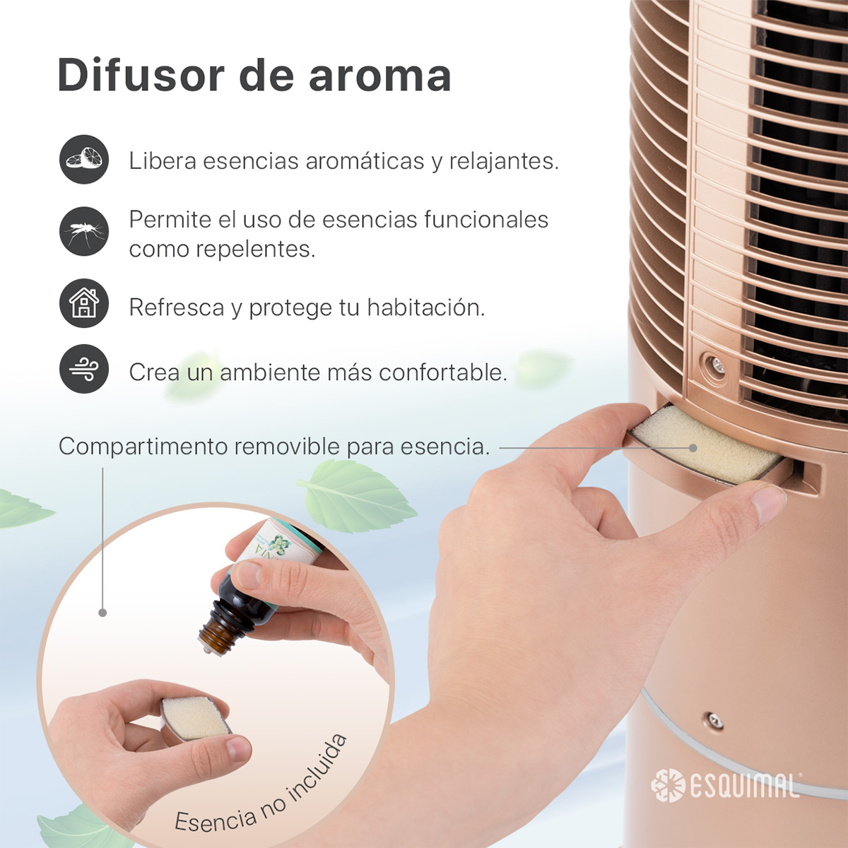 Ventilador de Torre 128 cm Ionizador Purificador con Caja de Aromas Panel con Temperatura Giratorio Cobre ESQUIMAL