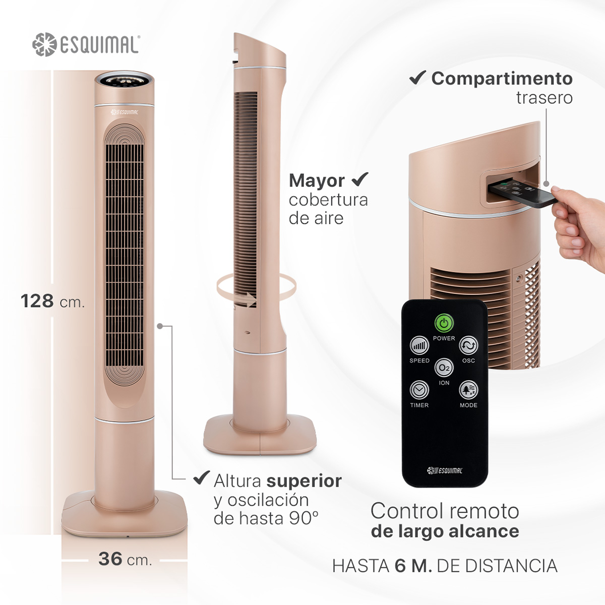 Ventilador de Torre 128 cm Ionizador Purificador con Caja de Aromas Panel con Temperatura Giratorio Cobre ESQUIMAL