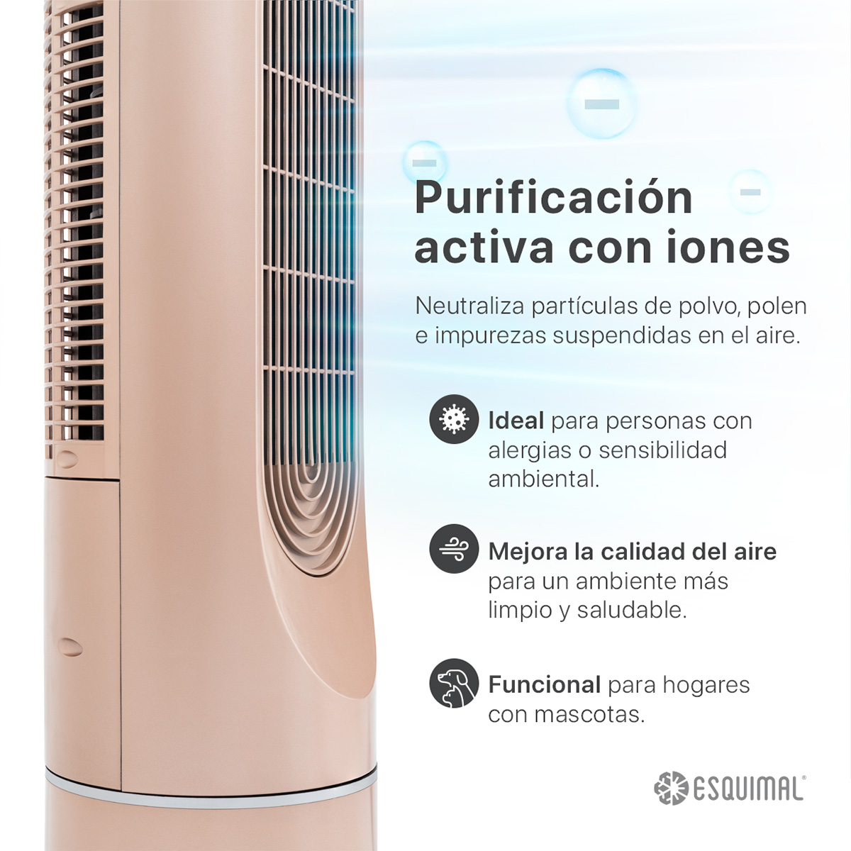 Ventilador de Torre 128 cm Ionizador Purificador con Caja de Aromas Panel con Temperatura Giratorio Cobre ESQUIMAL
