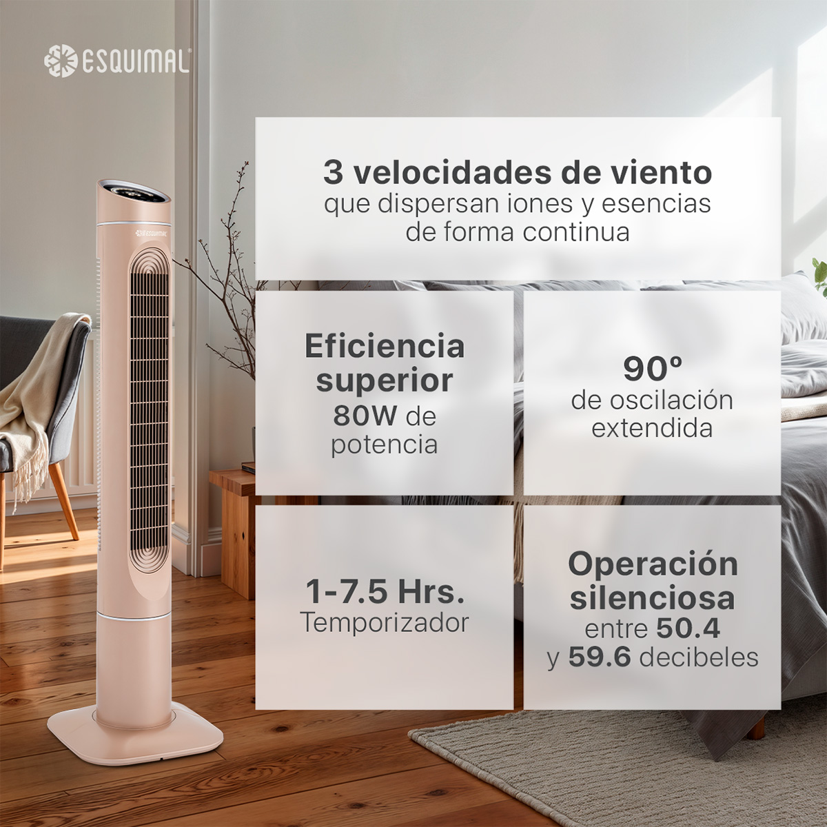 Ventilador de Torre 128 cm Ionizador Purificador con Caja de Aromas Panel con Temperatura Giratorio Cobre ESQUIMAL