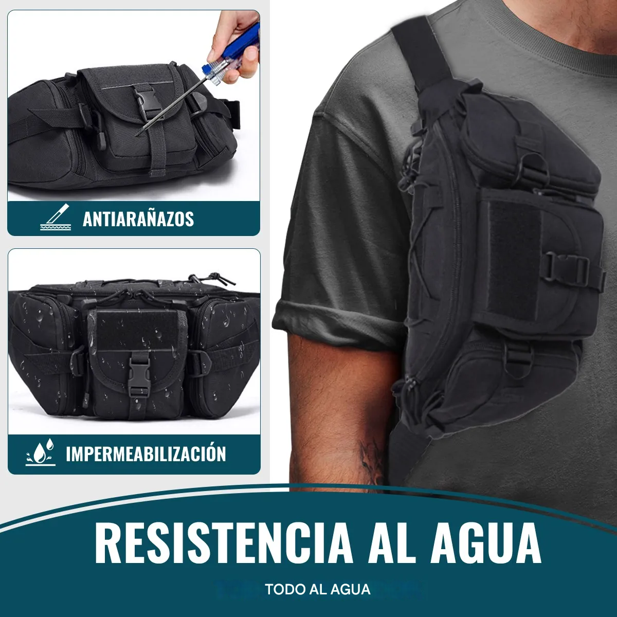 Cangurera bolso mochila táctica negro moto pecho táctico resistente desgaste ciclismo riñonera