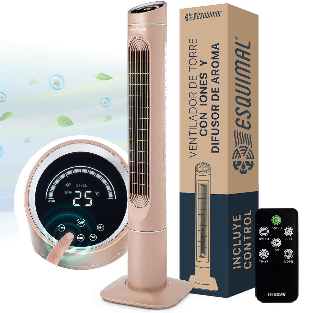 Ventilador de Torre 128 cm Ionizador Purificador con Caja de Aromas Panel con Temperatura Giratorio Cobre ESQUIMAL